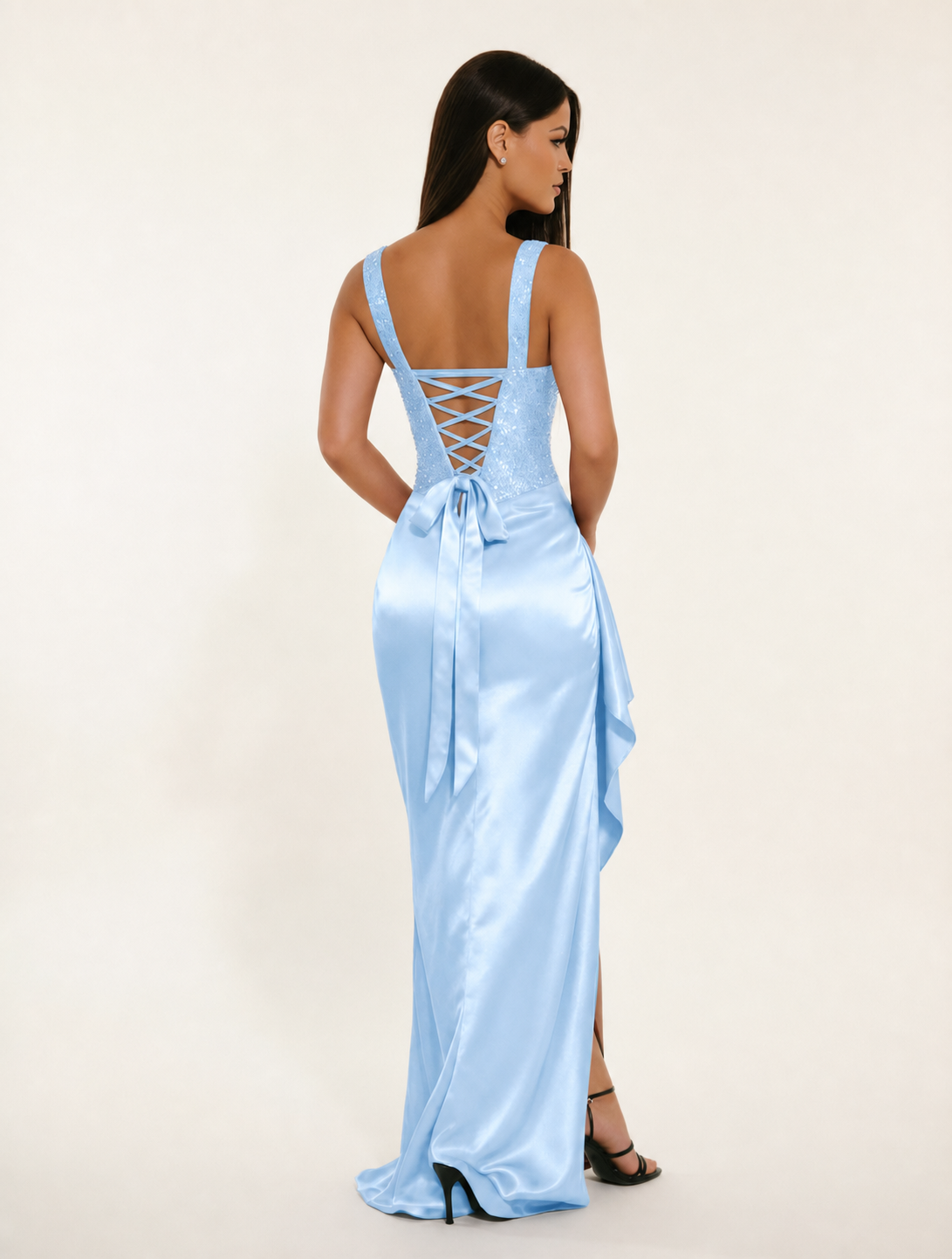 Sequin Corset Satin High Slit Formal Maxi Dress