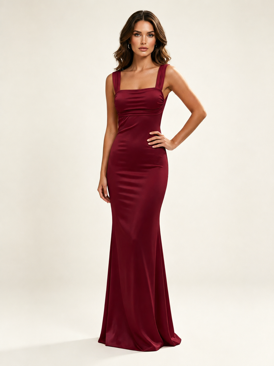 Satin Mermaid Bridesmaid Maxi Dress, Wide Strap Square Neck Cross Lace-Up Open Back