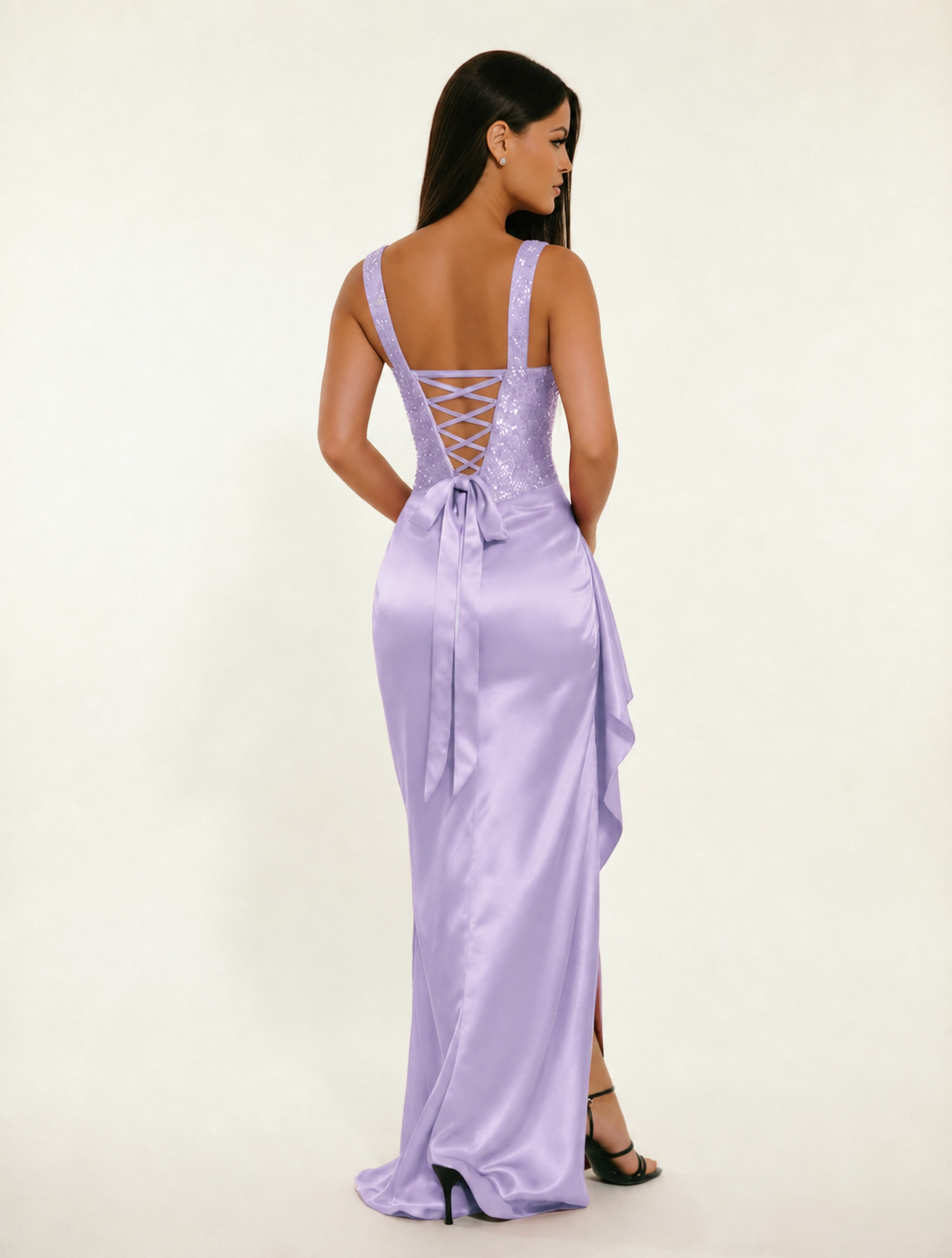 Sequin Corset Satin High Slit Formal Maxi Dress