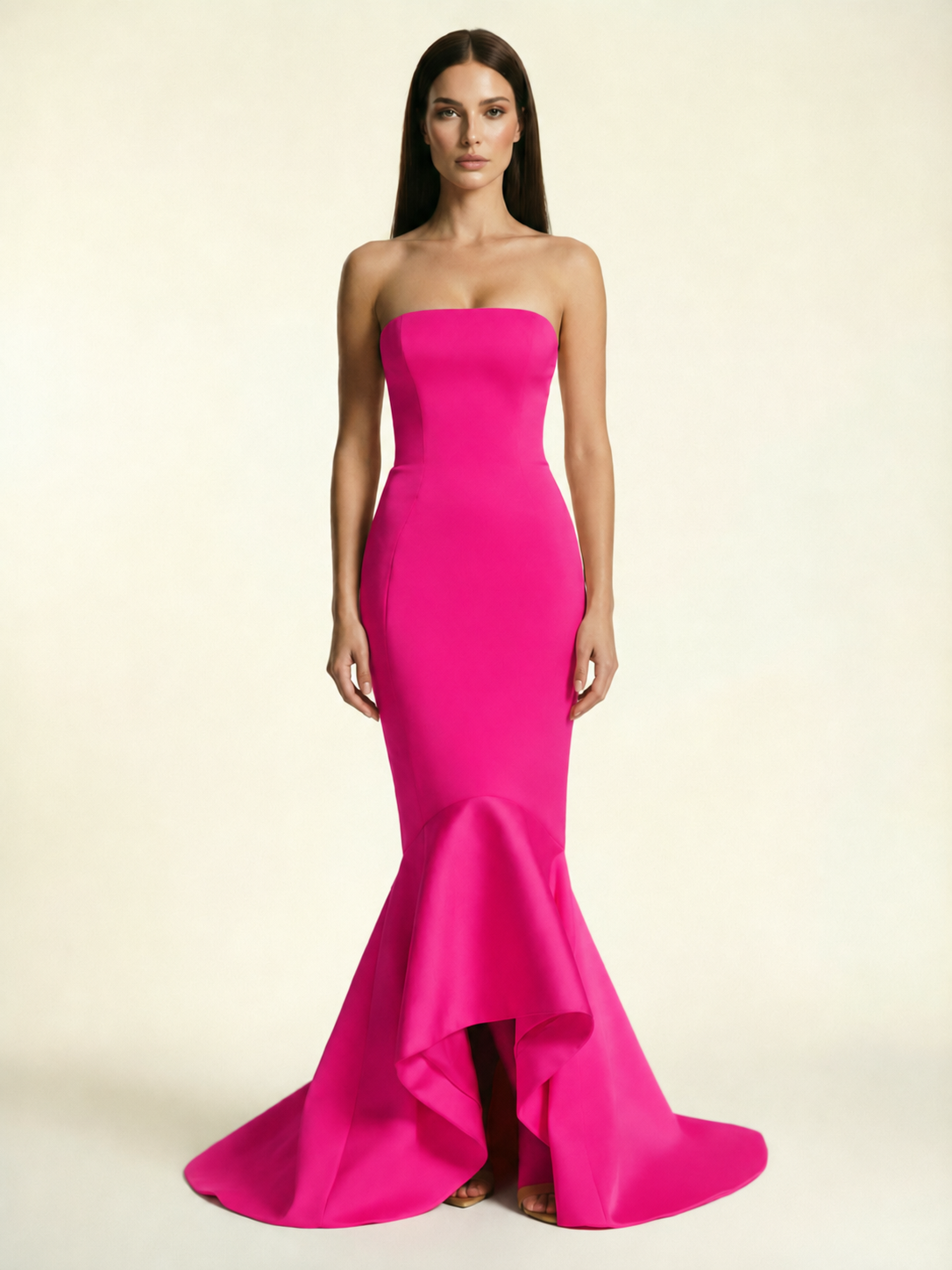 Strapless Satin Mermaid Dress With Ruffled Train & Lace-Up Back