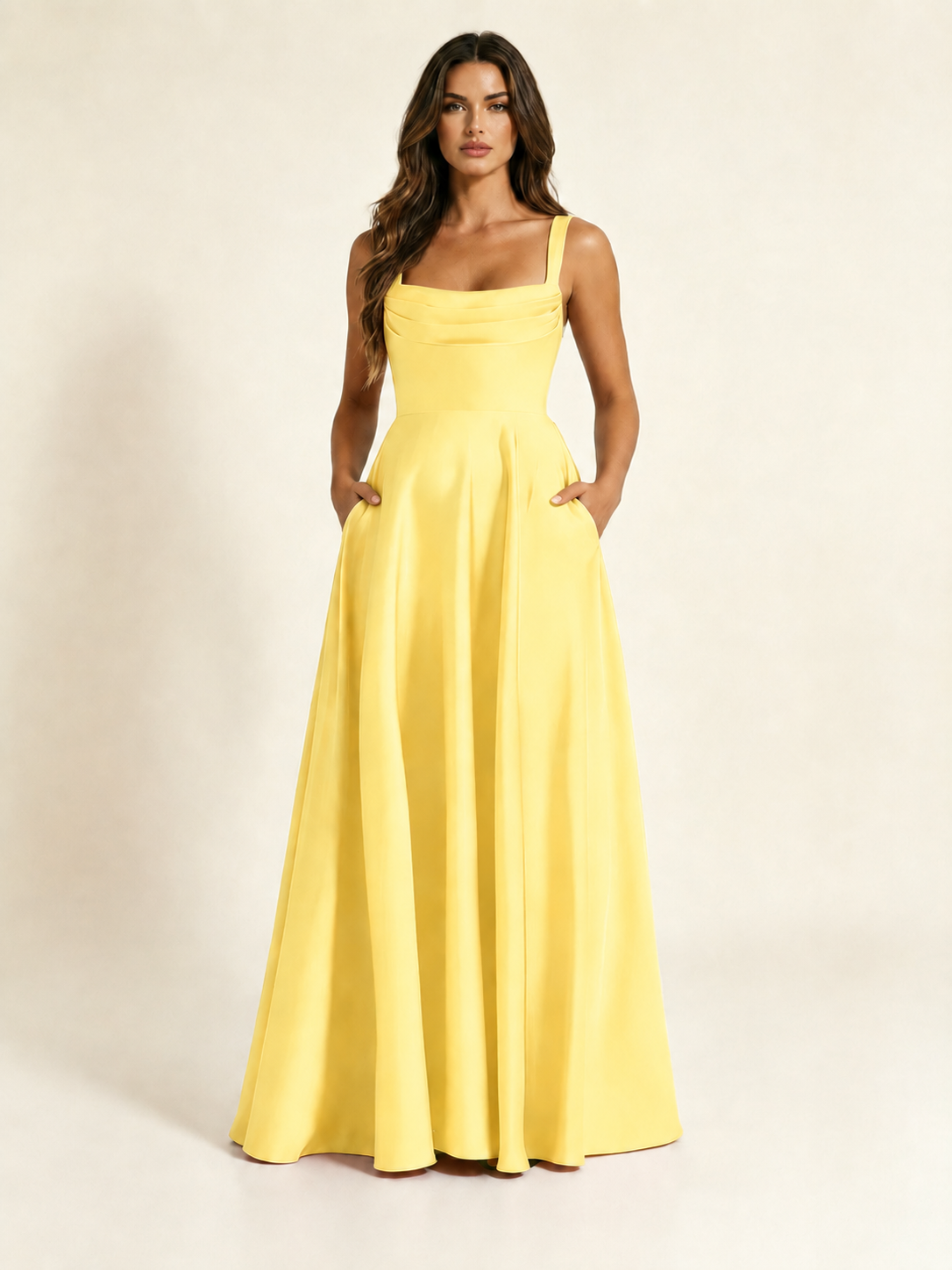 Satin Draped Cowl Square Neck A-Line Maxi Bridesmaid Dress