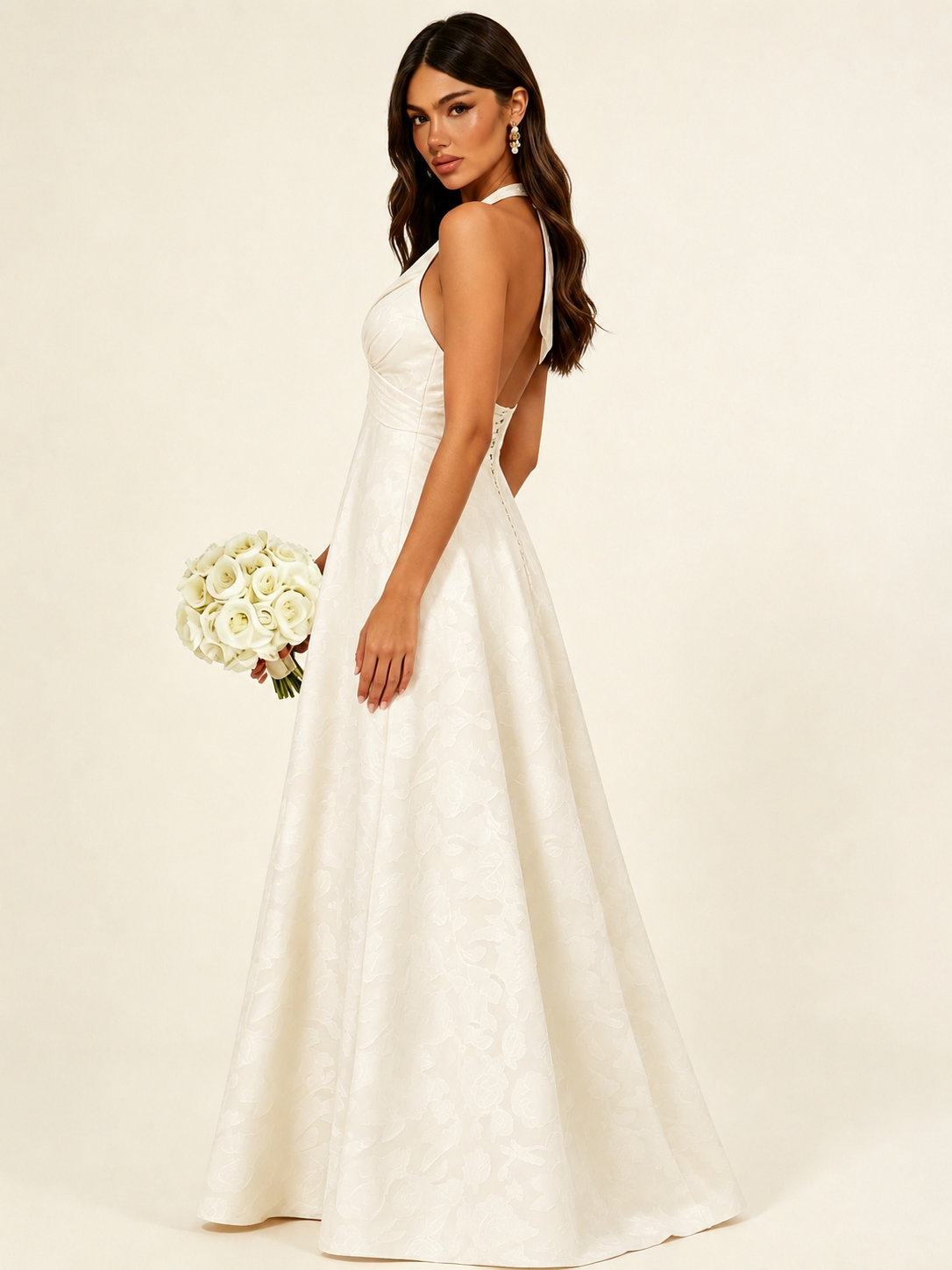 Floral Jacquard Halter Deep V A-Line Maxi Dress Backless Lace-Up Corset Bridesmaid Dress