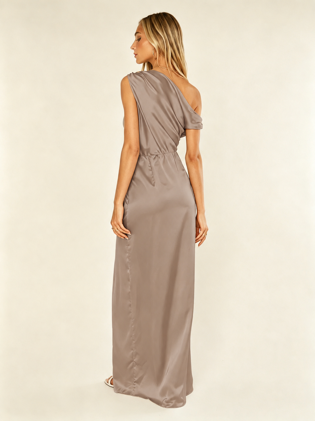 Satin One Shoulder Maxi Dress Asymmetric Draped High Slit Bridesmaid Dress