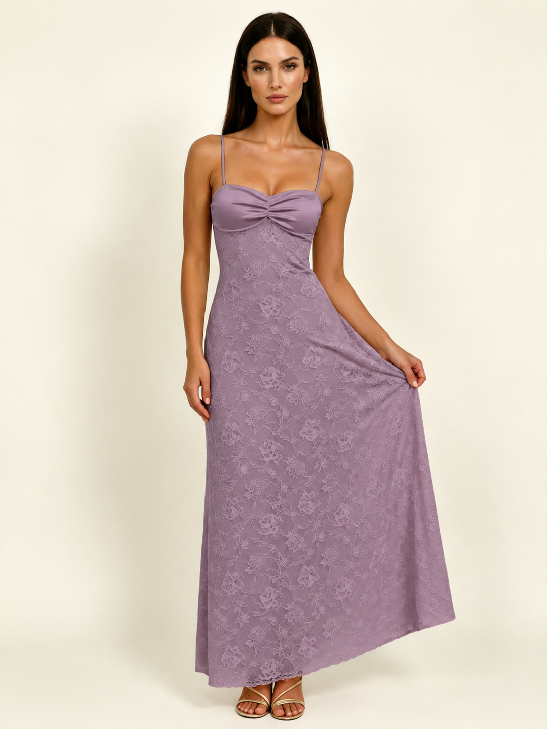 Satin Bust Lace Midi Maxi Dress, Spaghetti Strap Cross Lace Up Back Bridesmaid Dress