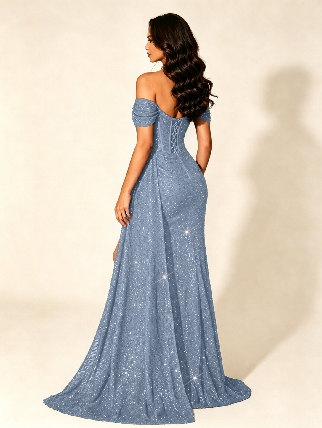 Off Shoulder Sequin High Slit Dress with Train