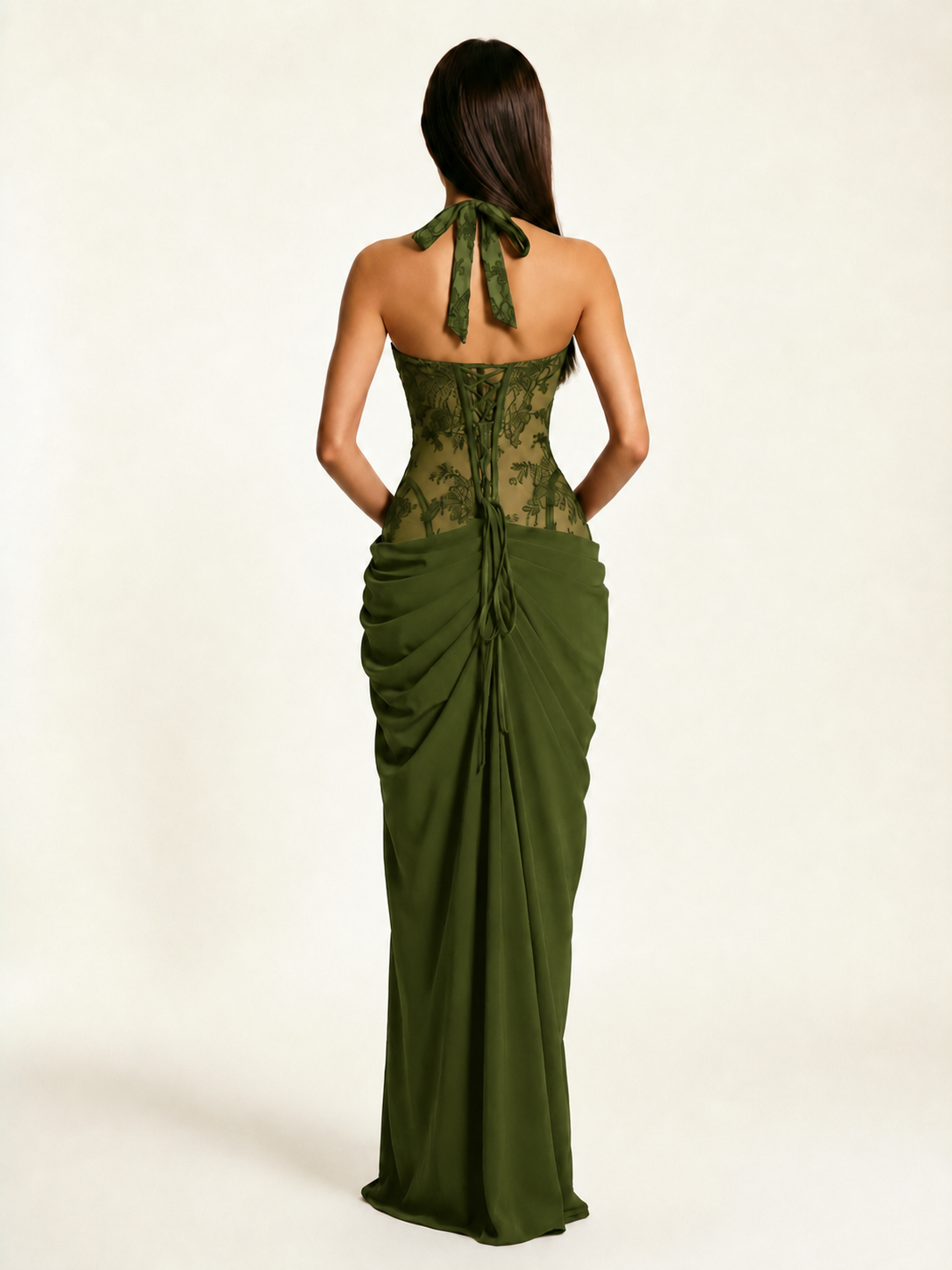Lace Corset Halter High Slit Formal Dress