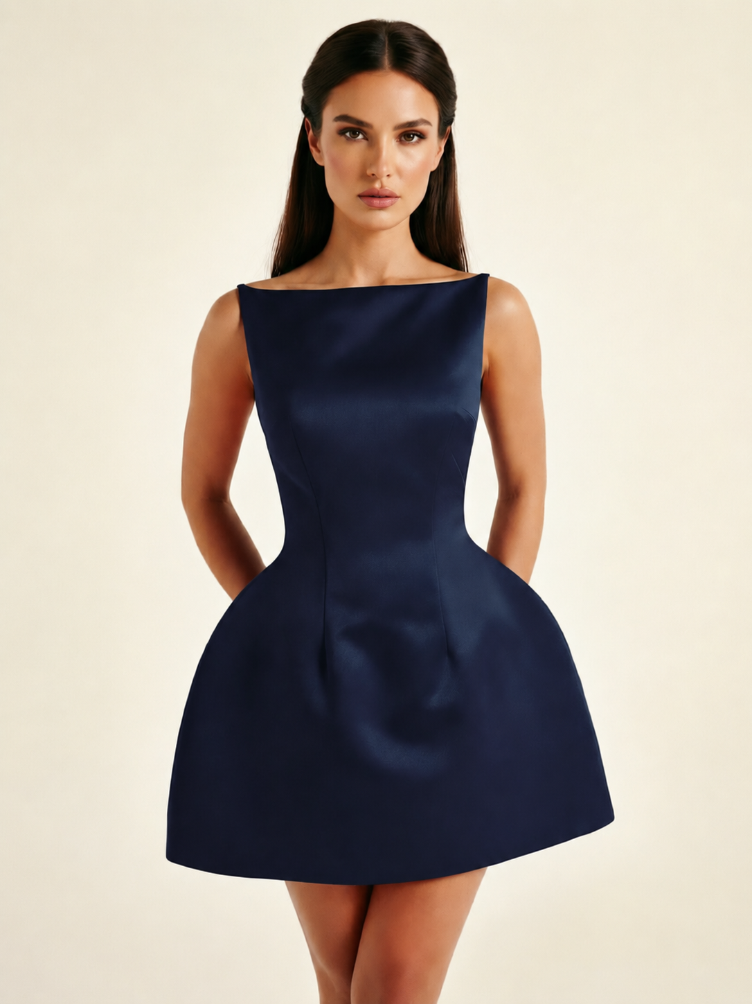 Satin Boat Neck Open Back Fit & Flare Mini Dress