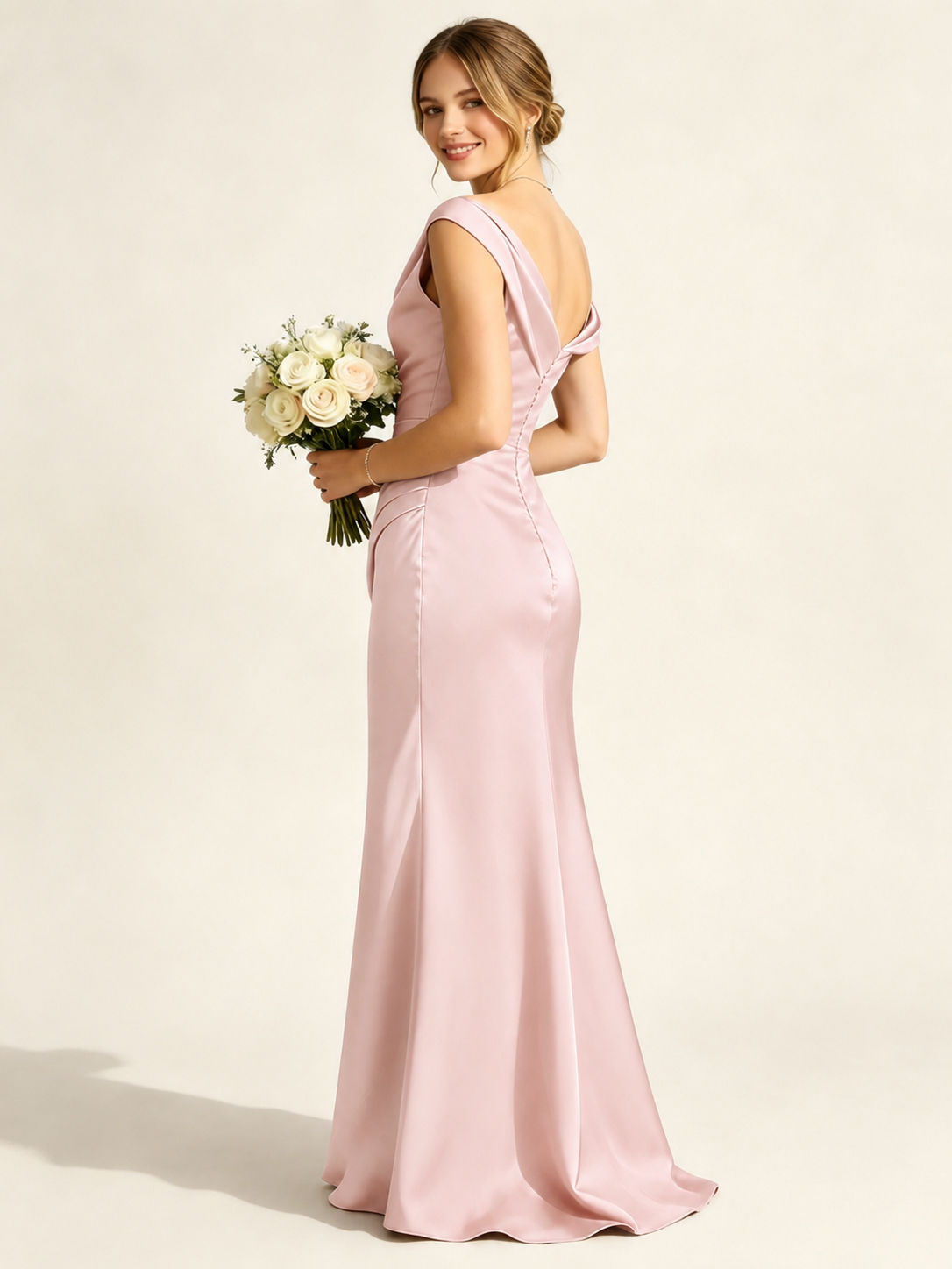 Satin Mermaid Bridesmaid Maxi Dress, Asymmetrical Off Shoulder Ruched Waist Open Back