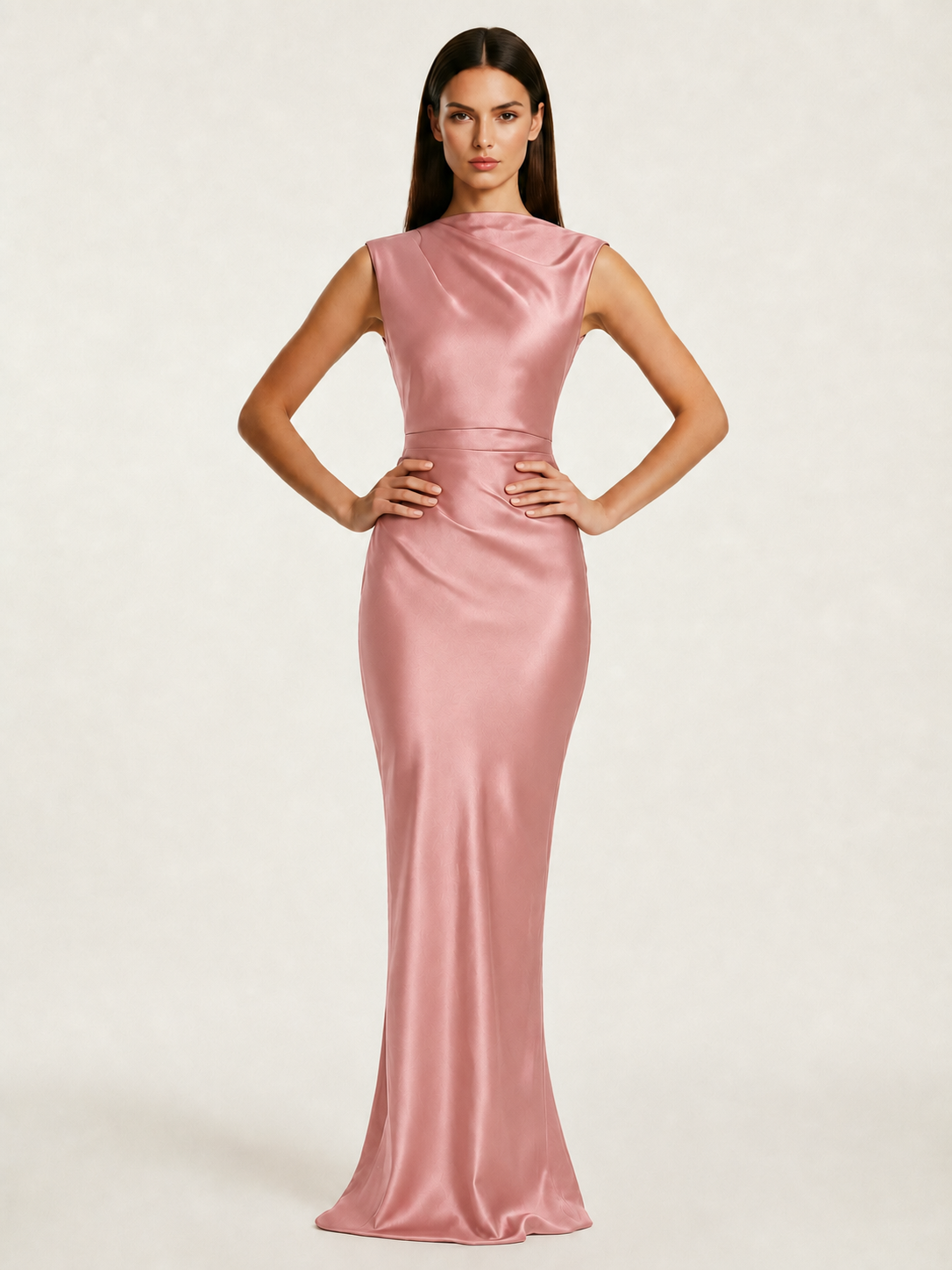 Sleeveless Draped Satin Mermaid Cutout Back Formal Dress