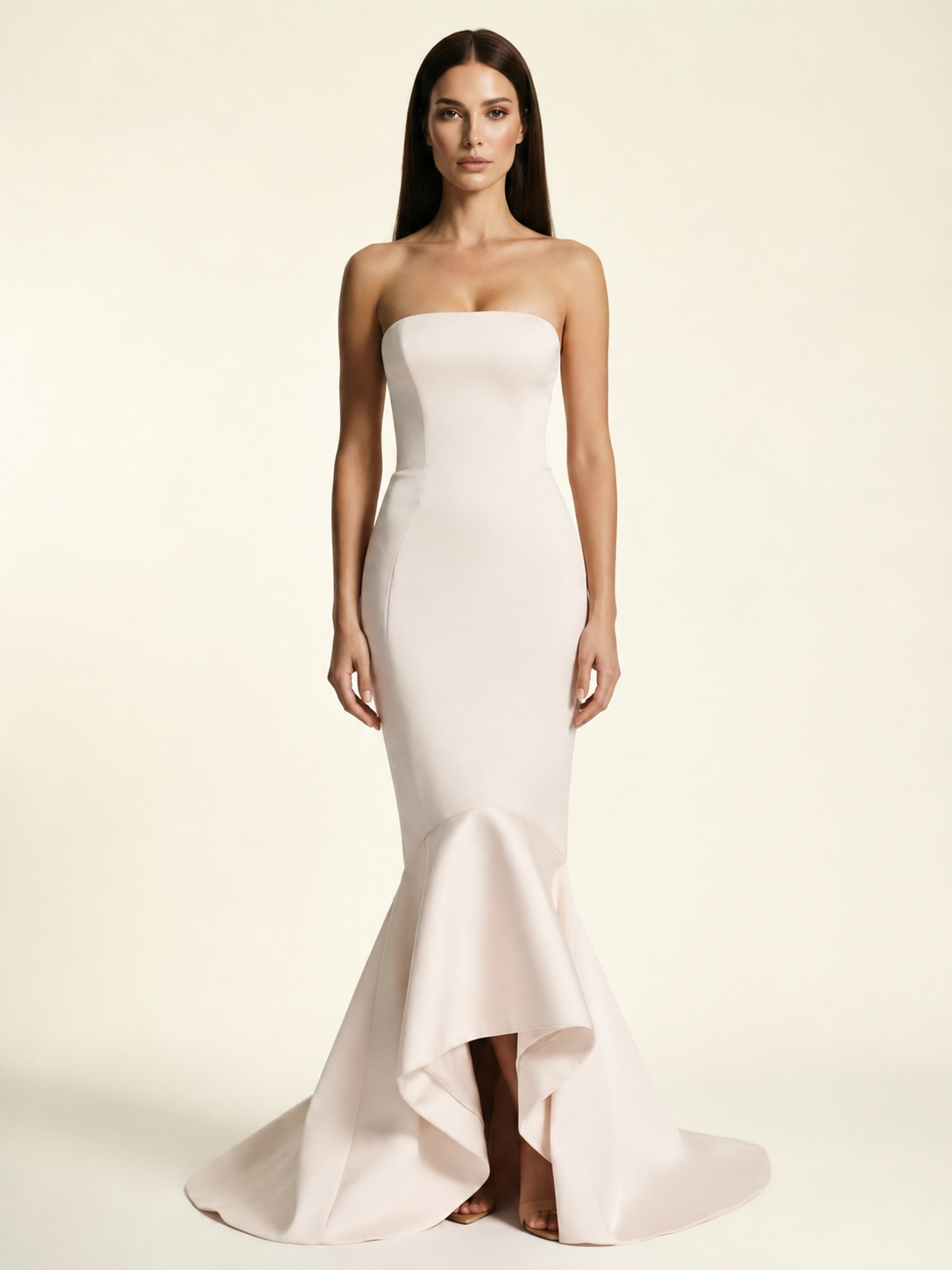 Strapless Satin Mermaid Dress With Ruffled Train & Lace-Up Back