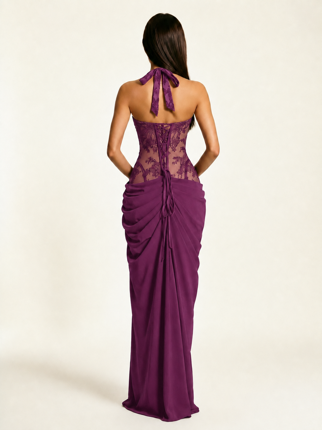 Lace Corset Halter High Slit Formal Dress