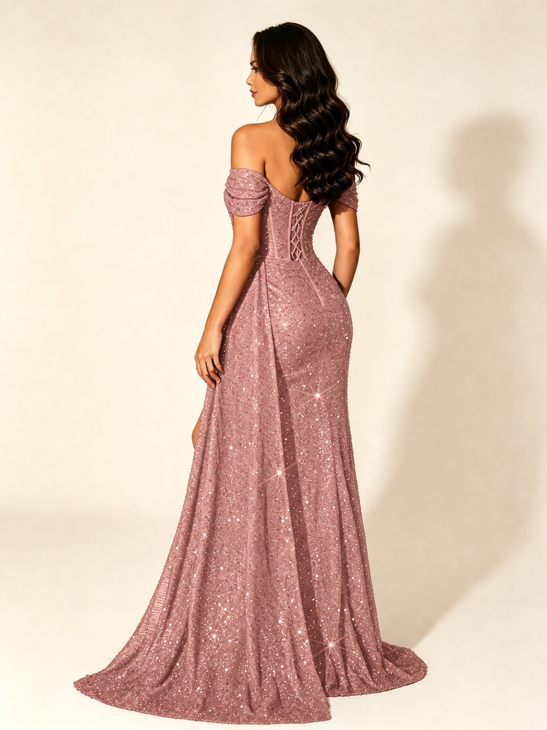 Off Shoulder Sequin High Slit Dress with Train