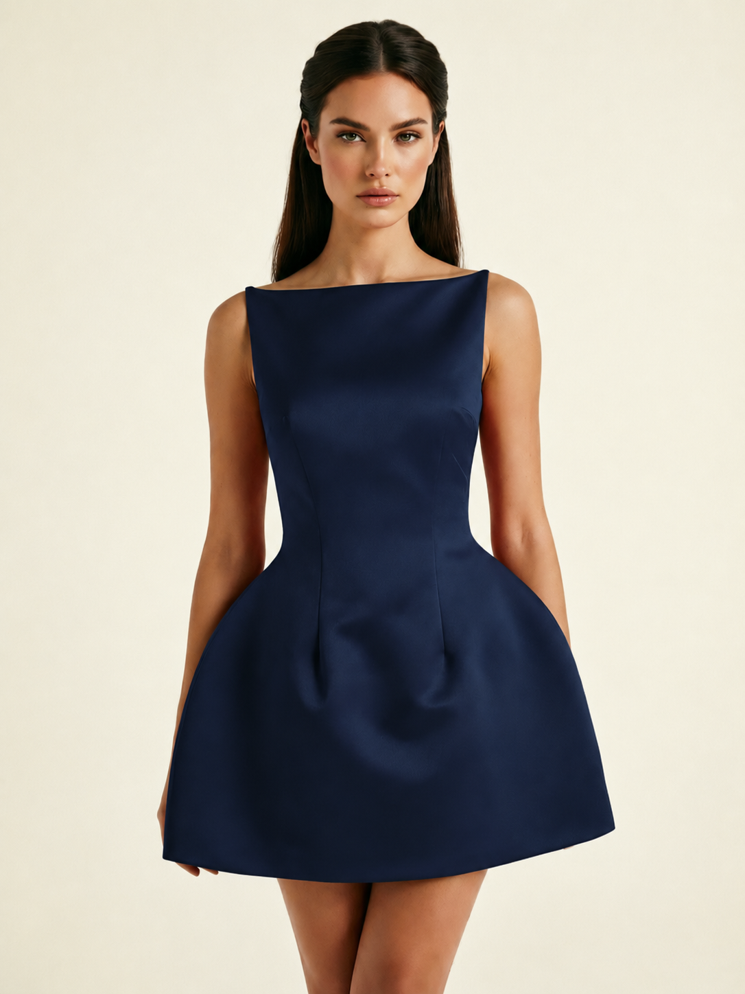 Satin Boat Neck Open Back Fit & Flare Mini Dress