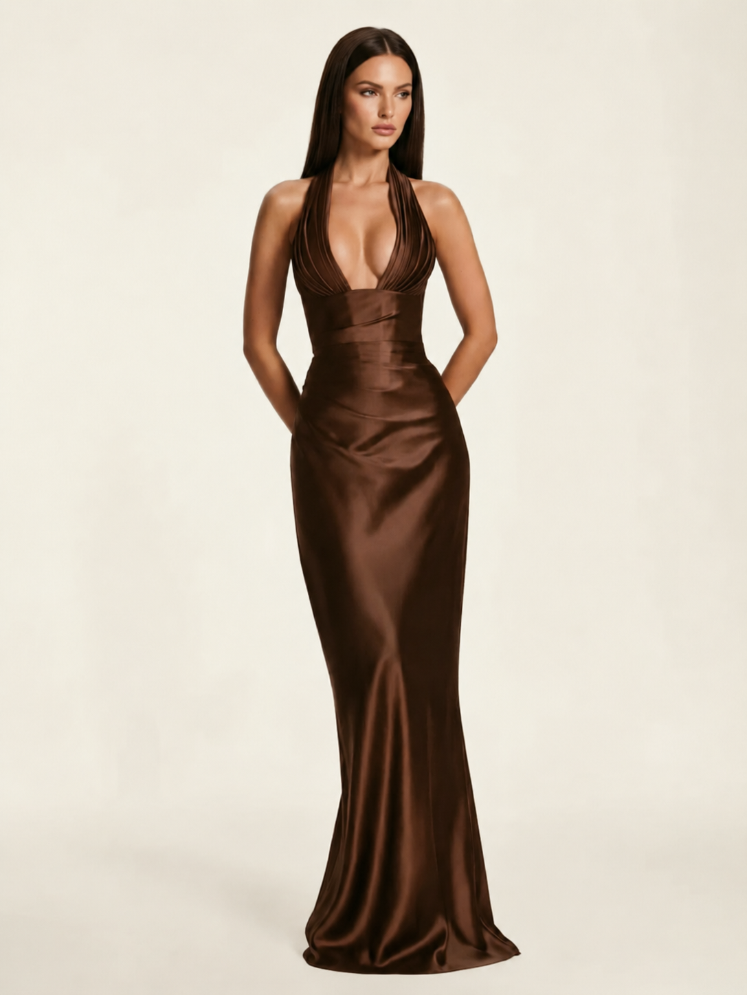 Deep V Satin Mermaid Lace-Up Back Formal Dress
