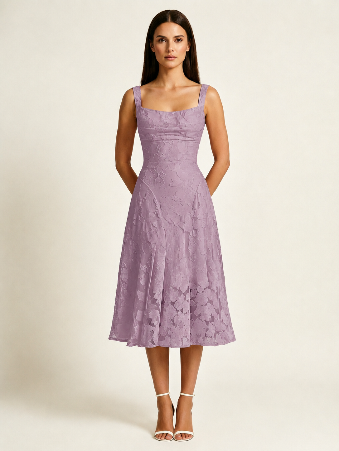 3D Floral Jacquard Square Neck Midi Dress