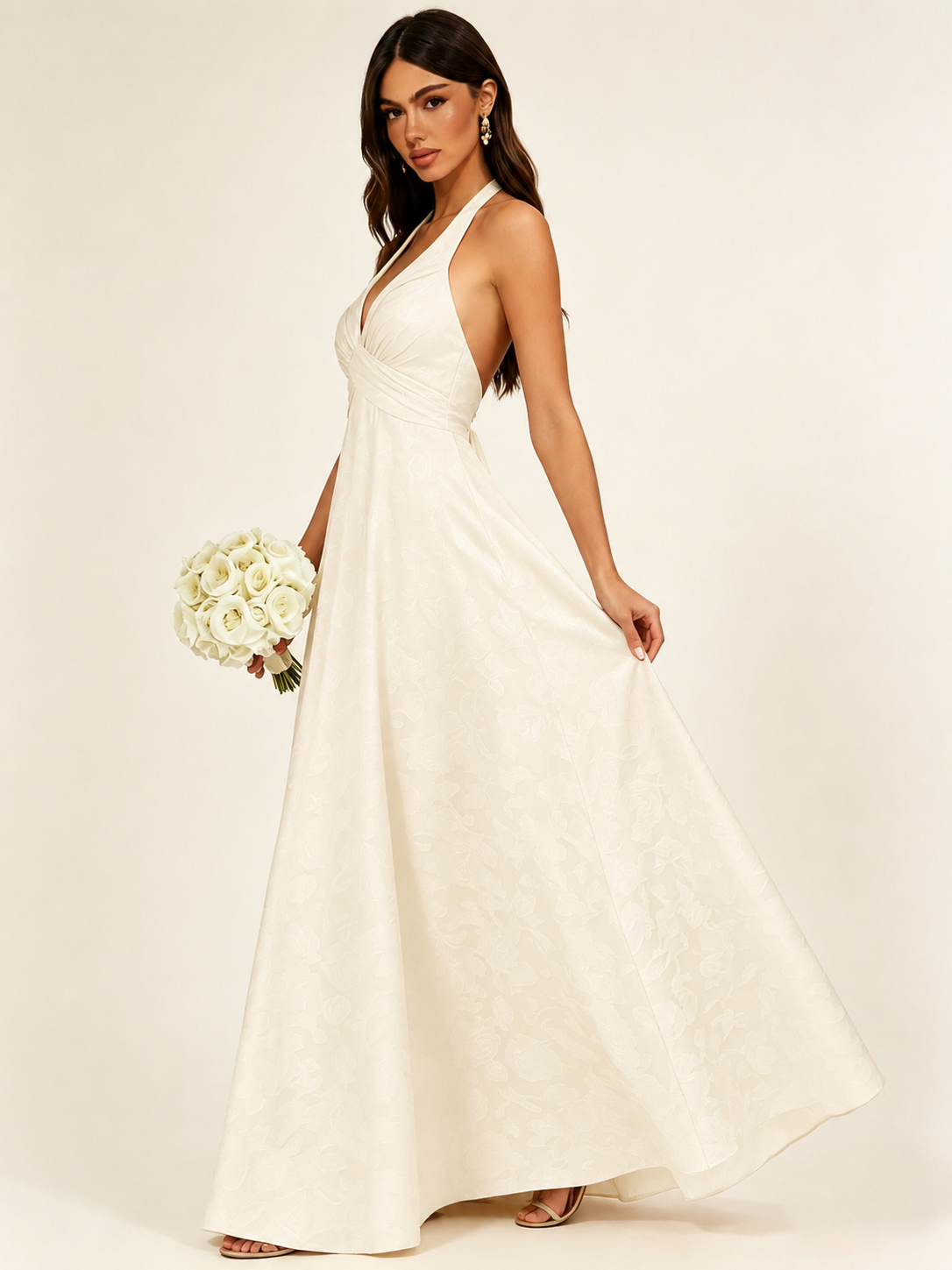 Floral Jacquard Halter Deep V A-Line Maxi Dress Backless Lace-Up Corset Bridesmaid Dress