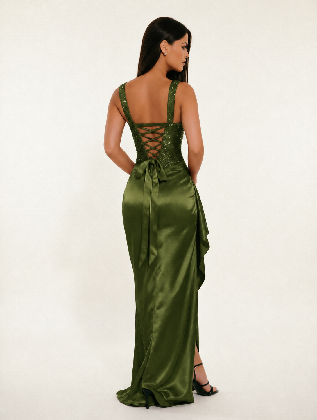 Sequin Corset Satin High Slit Formal Maxi Dress