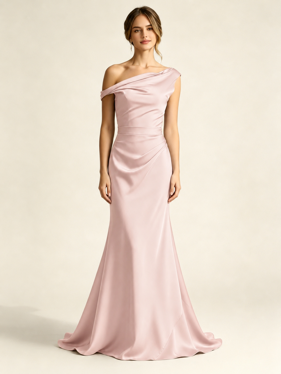 Satin Mermaid Bridesmaid Maxi Dress, Asymmetrical Off Shoulder Ruched Waist Open Back