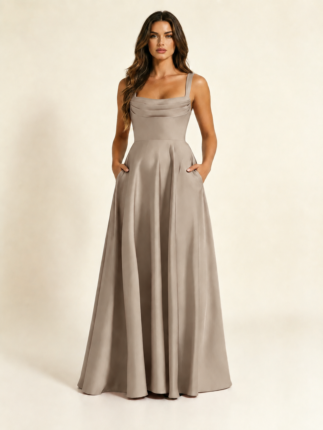 Satin Draped Cowl Square Neck A-Line Maxi Bridesmaid Dress