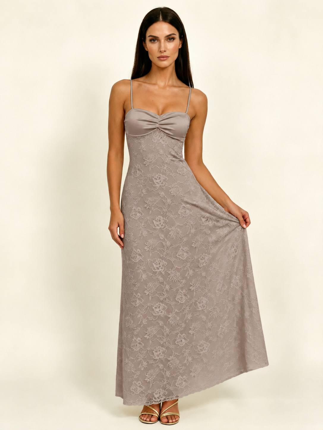 Satin Bust Lace Midi Maxi Dress, Spaghetti Strap Cross Lace Up Back Bridesmaid Dress