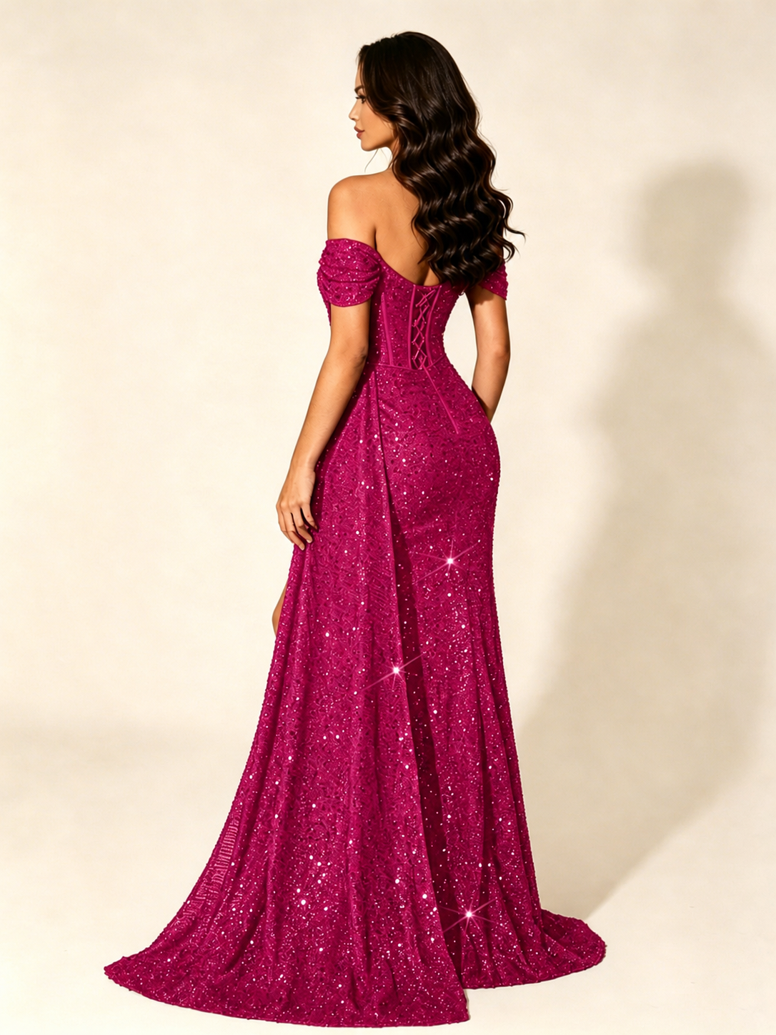 Off Shoulder Sequin High Slit Dress with Train