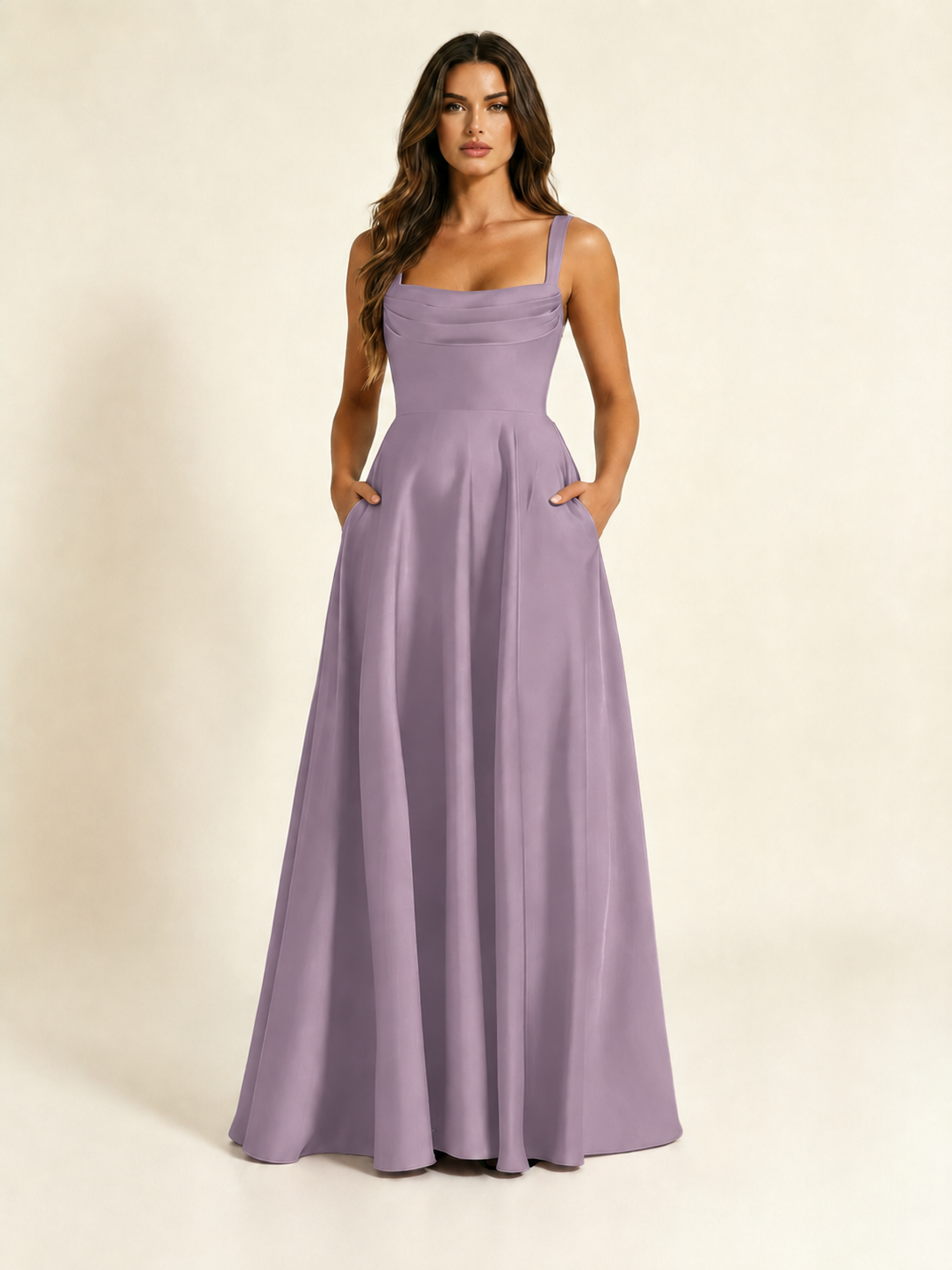 Satin Draped Cowl Square Neck A-Line Maxi Bridesmaid Dress
