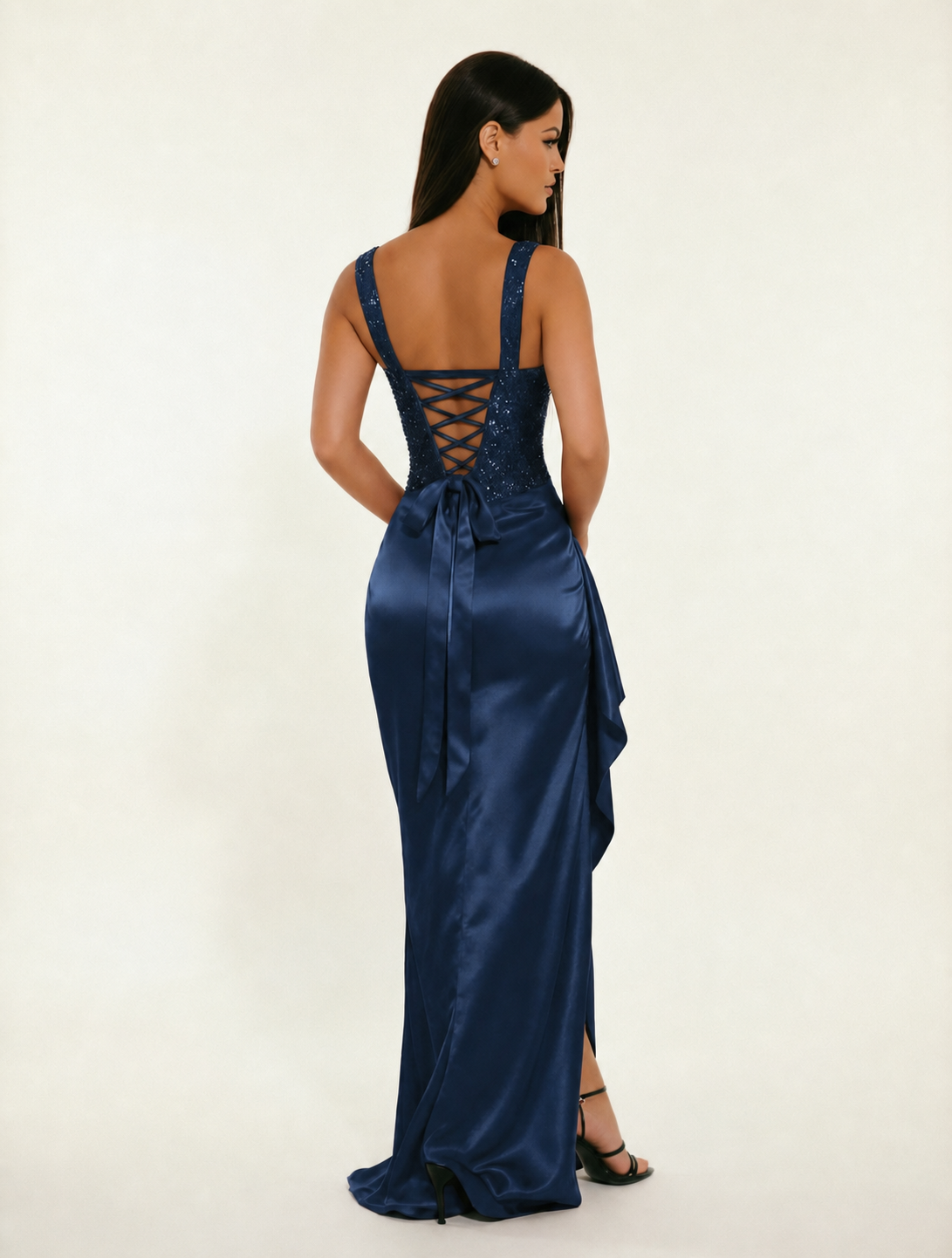 Sequin Corset Satin High Slit Formal Maxi Dress