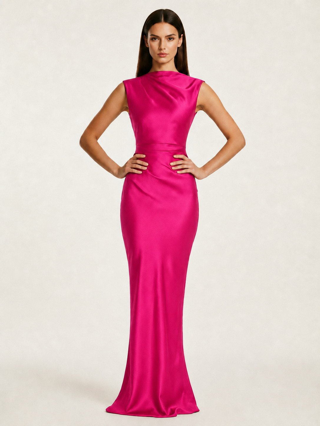 Sleeveless Draped Satin Mermaid Cutout Back Formal Dress