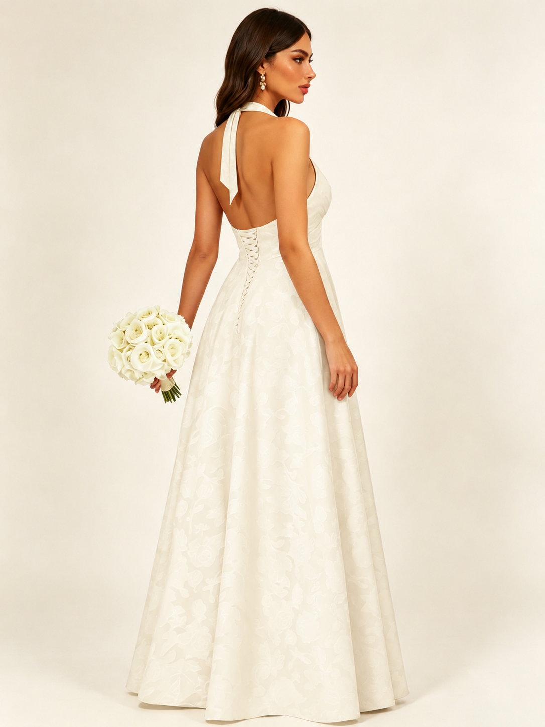Floral Jacquard Halter Deep V A-Line Maxi Dress Backless Lace-Up Corset Bridesmaid Dress