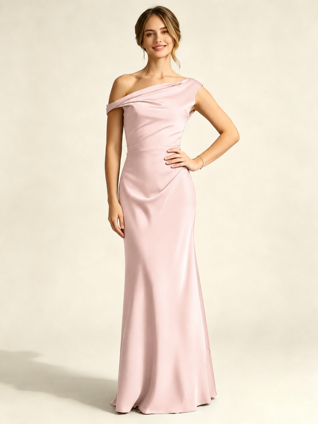 Satin Mermaid Bridesmaid Maxi Dress, Asymmetrical Off Shoulder Ruched Waist Open Back