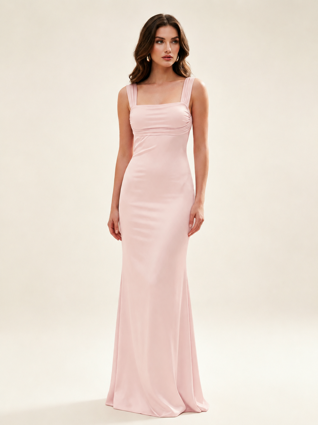 Satin Mermaid Bridesmaid Maxi Dress, Wide Strap Square Neck Cross Lace-Up Open Back