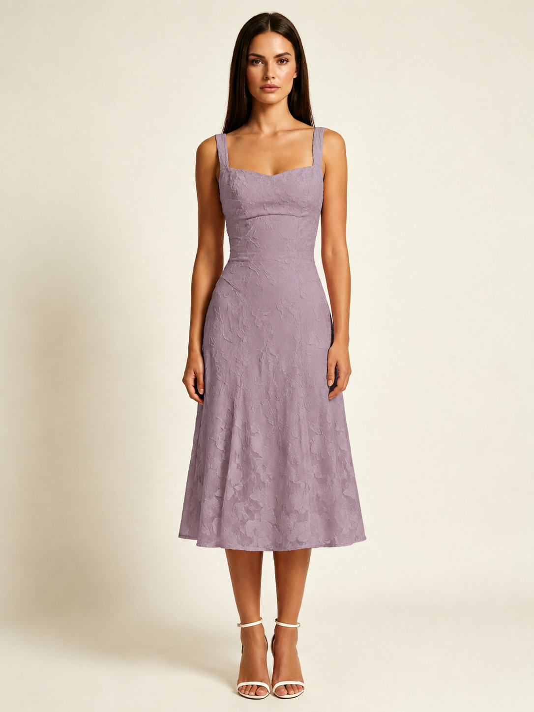 3D Floral Jacquard Square Neck Midi Dress