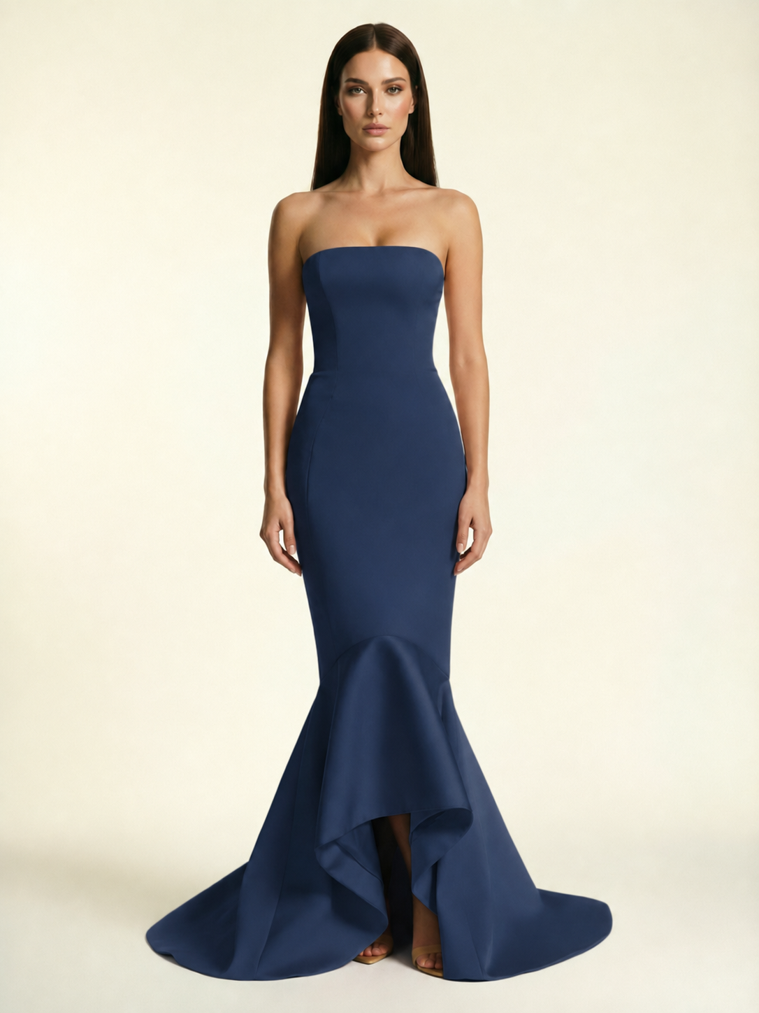 Strapless Satin Mermaid Dress With Ruffled Train & Lace-Up Back