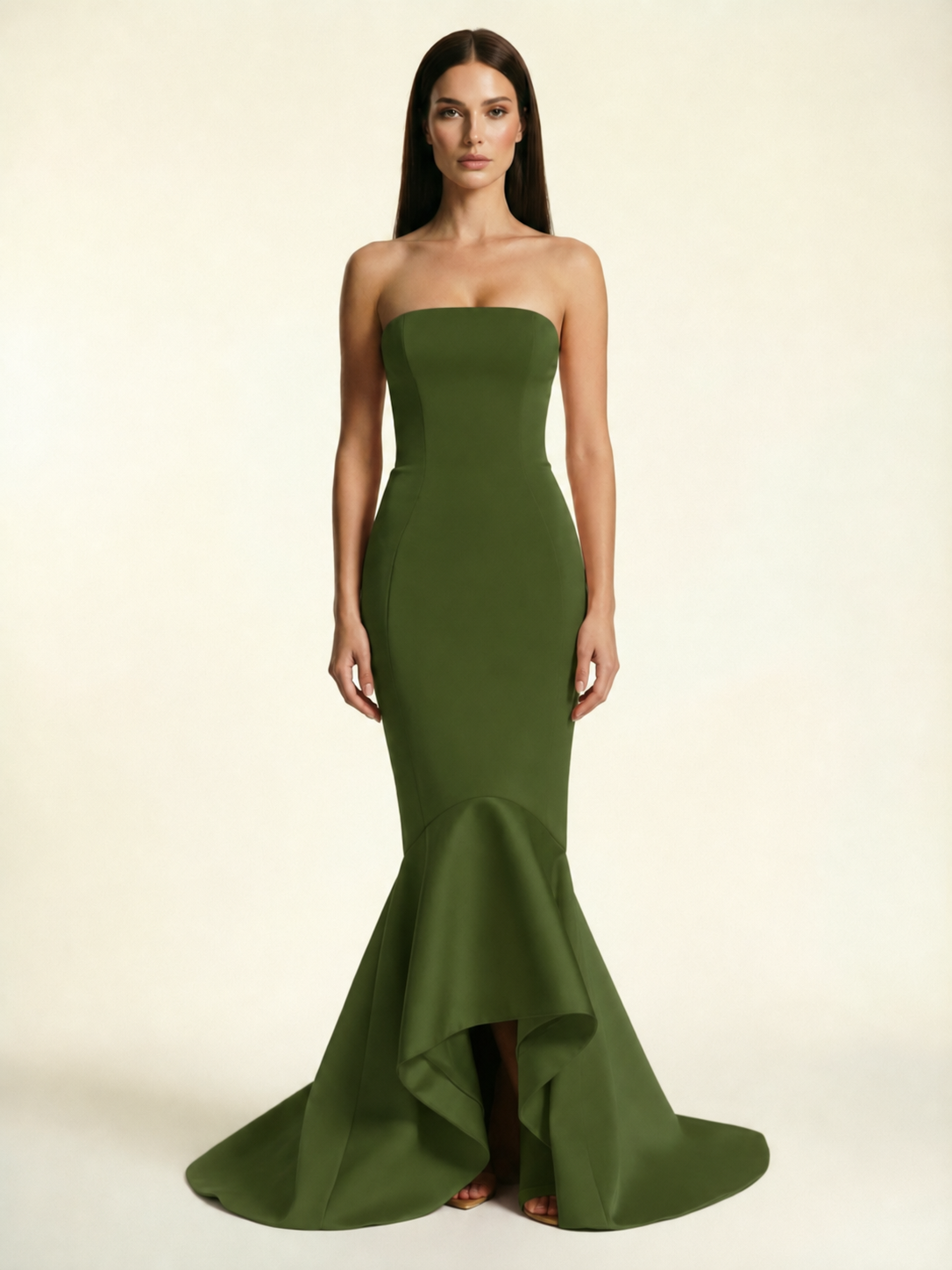 Strapless Satin Mermaid Dress With Ruffled Train & Lace-Up Back
