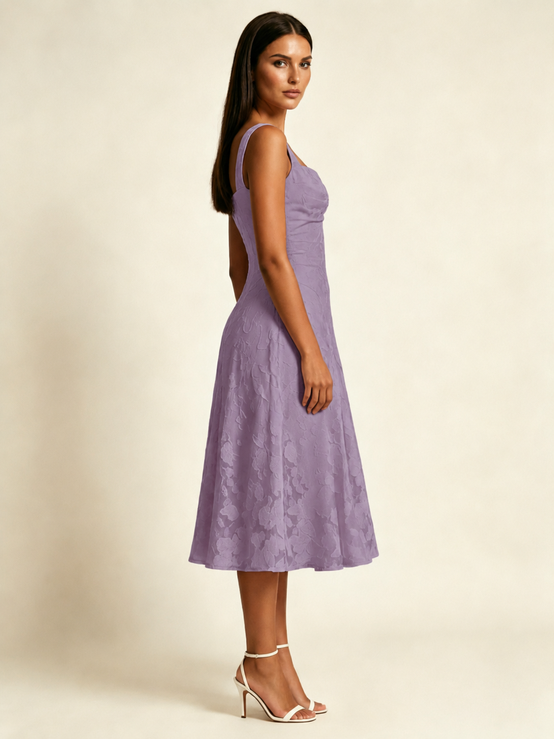 3D Floral Jacquard Square Neck Midi Dress