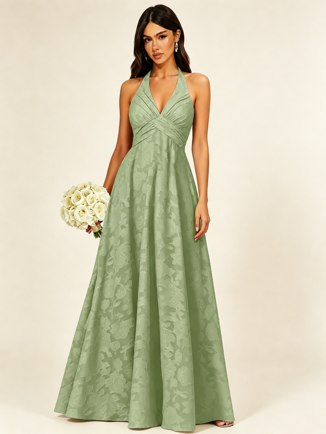 Floral Jacquard Halter Deep V A-Line Maxi Dress Backless Lace-Up Corset Bridesmaid Dress