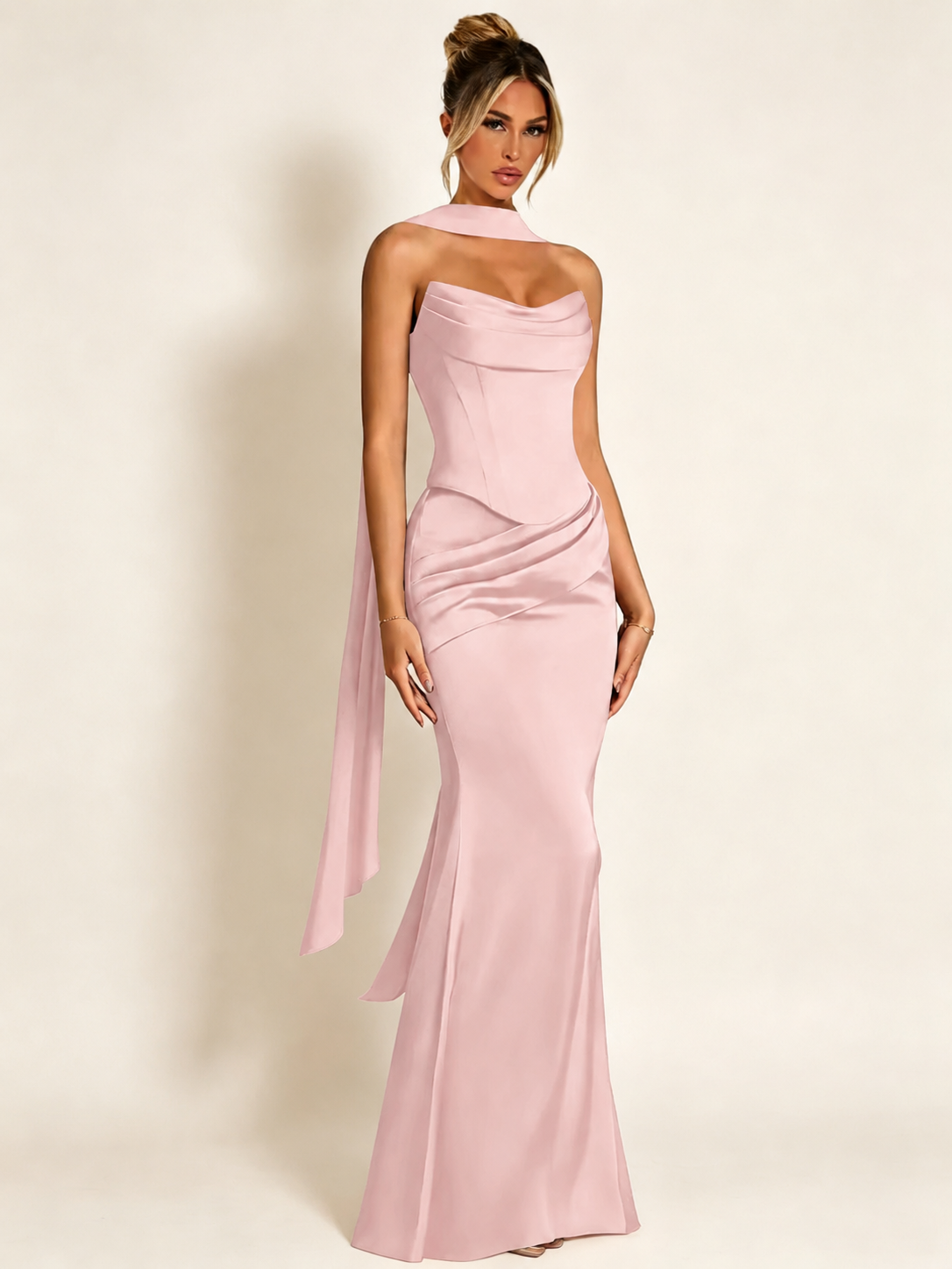 Satin Cowl Neck Mermaid Evening Dress with Corset Bodice and Draped Straps