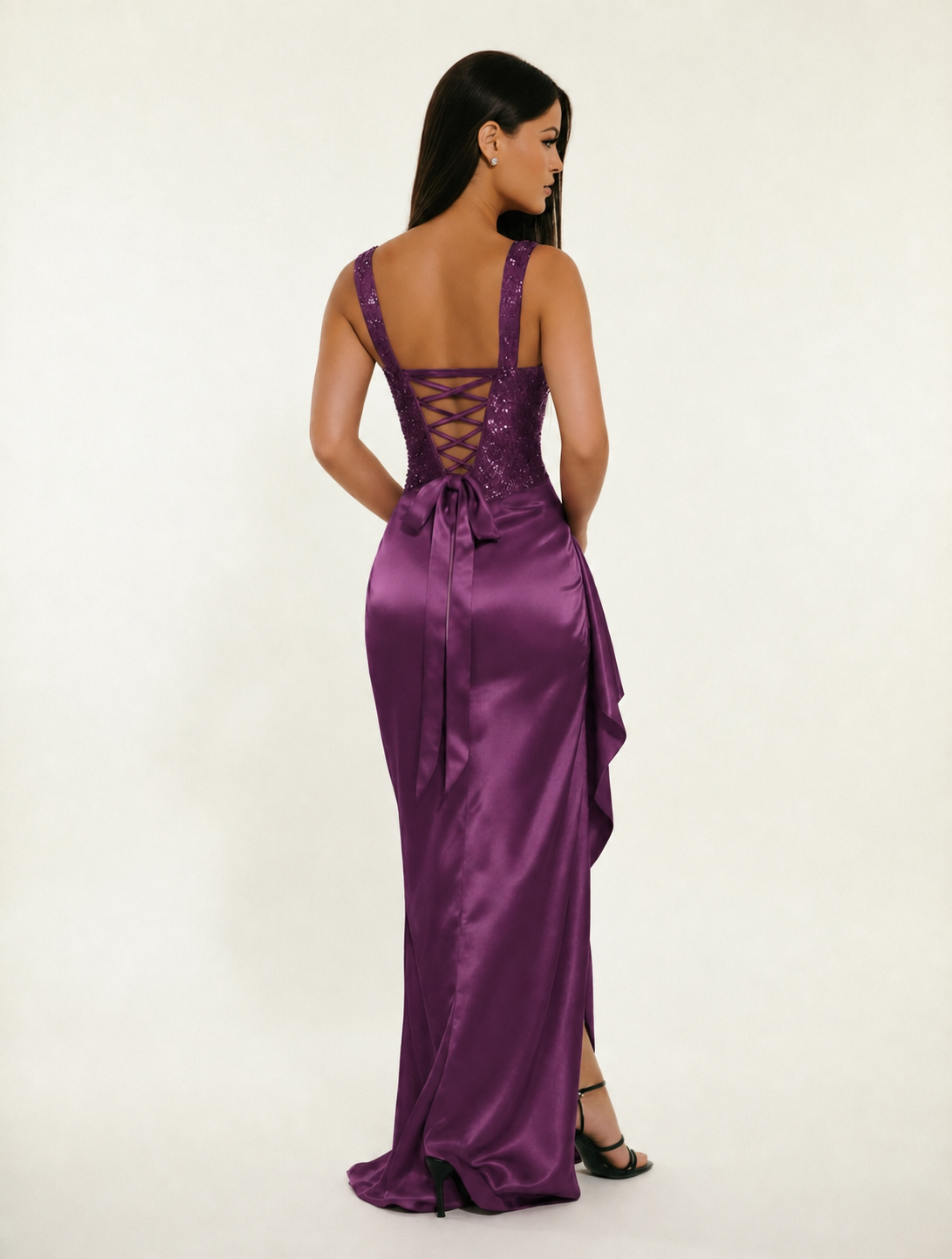 Sequin Corset Satin High Slit Formal Maxi Dress