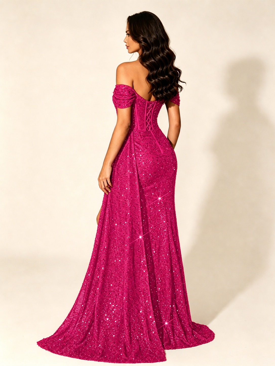 Off Shoulder Sequin High Slit Dress with Train