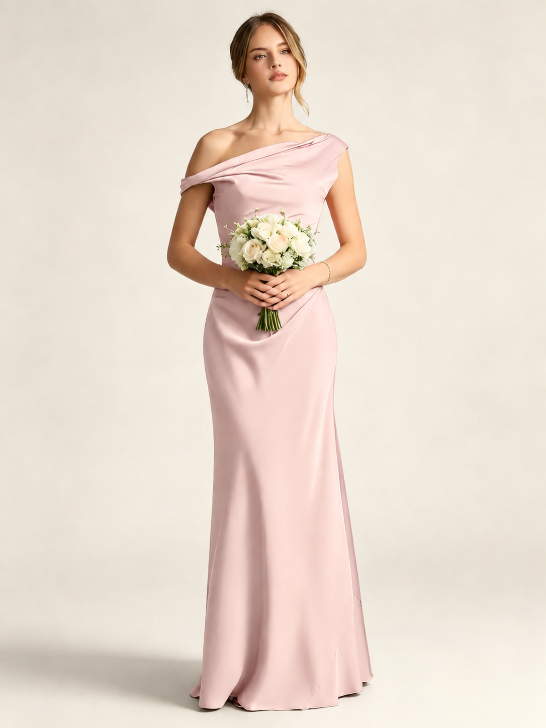 Satin Mermaid Bridesmaid Maxi Dress, Asymmetrical Off Shoulder Ruched Waist Open Back