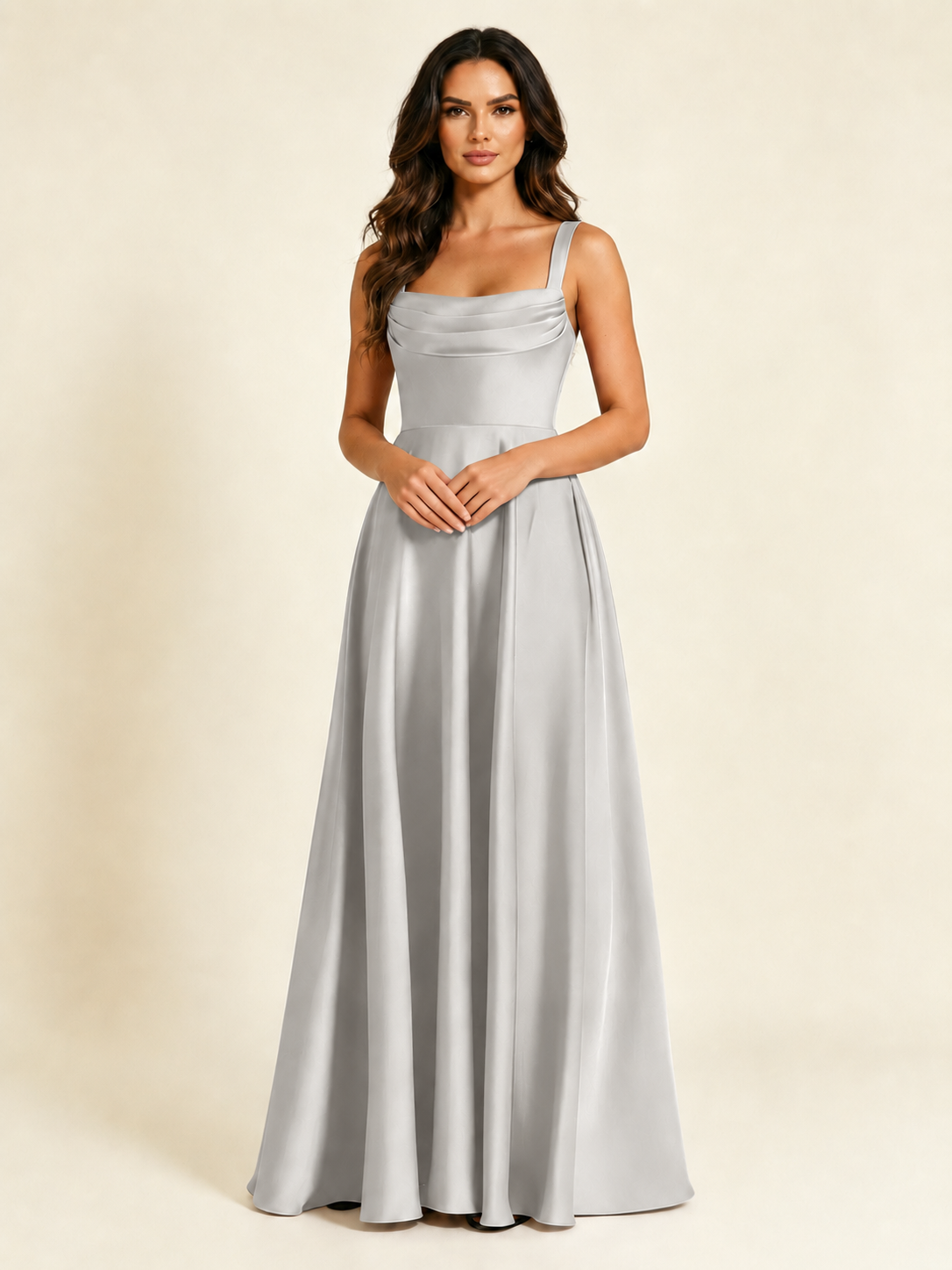 Satin Draped Cowl Square Neck A-Line Maxi Bridesmaid Dress