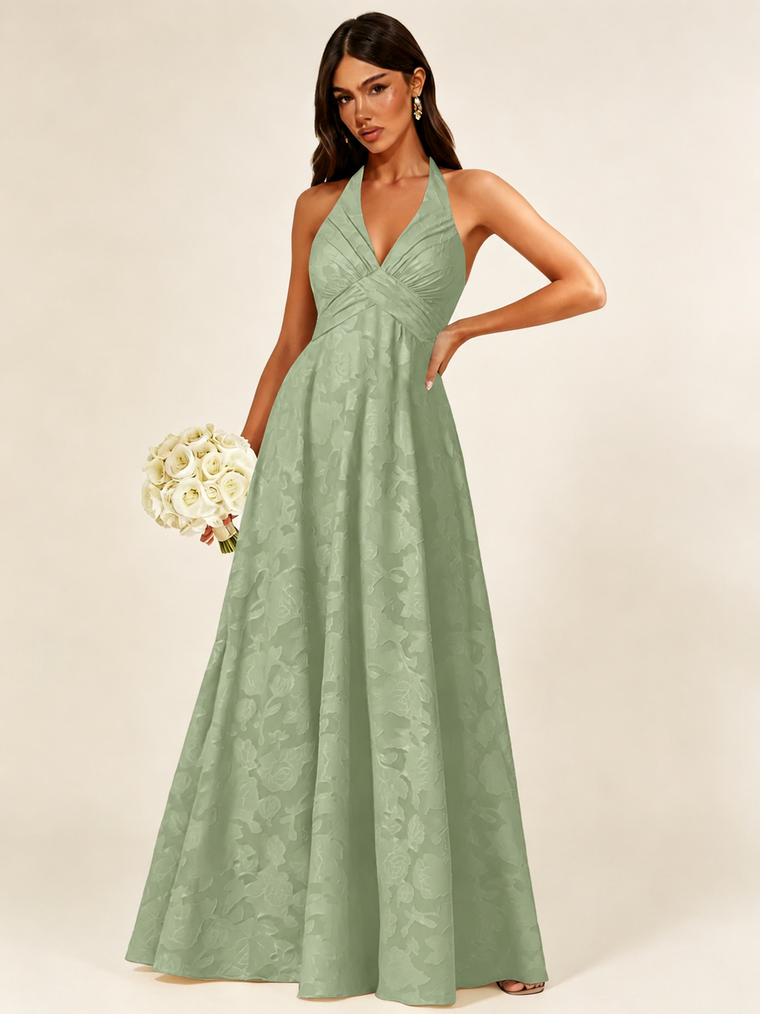 Floral Jacquard Halter Deep V A-Line Maxi Dress Backless Lace-Up Corset Bridesmaid Dress