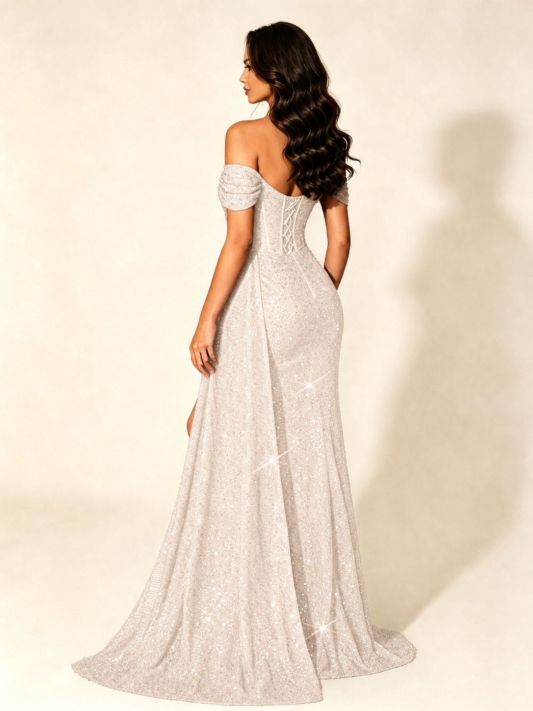 Off Shoulder Sequin High Slit Dress with Train