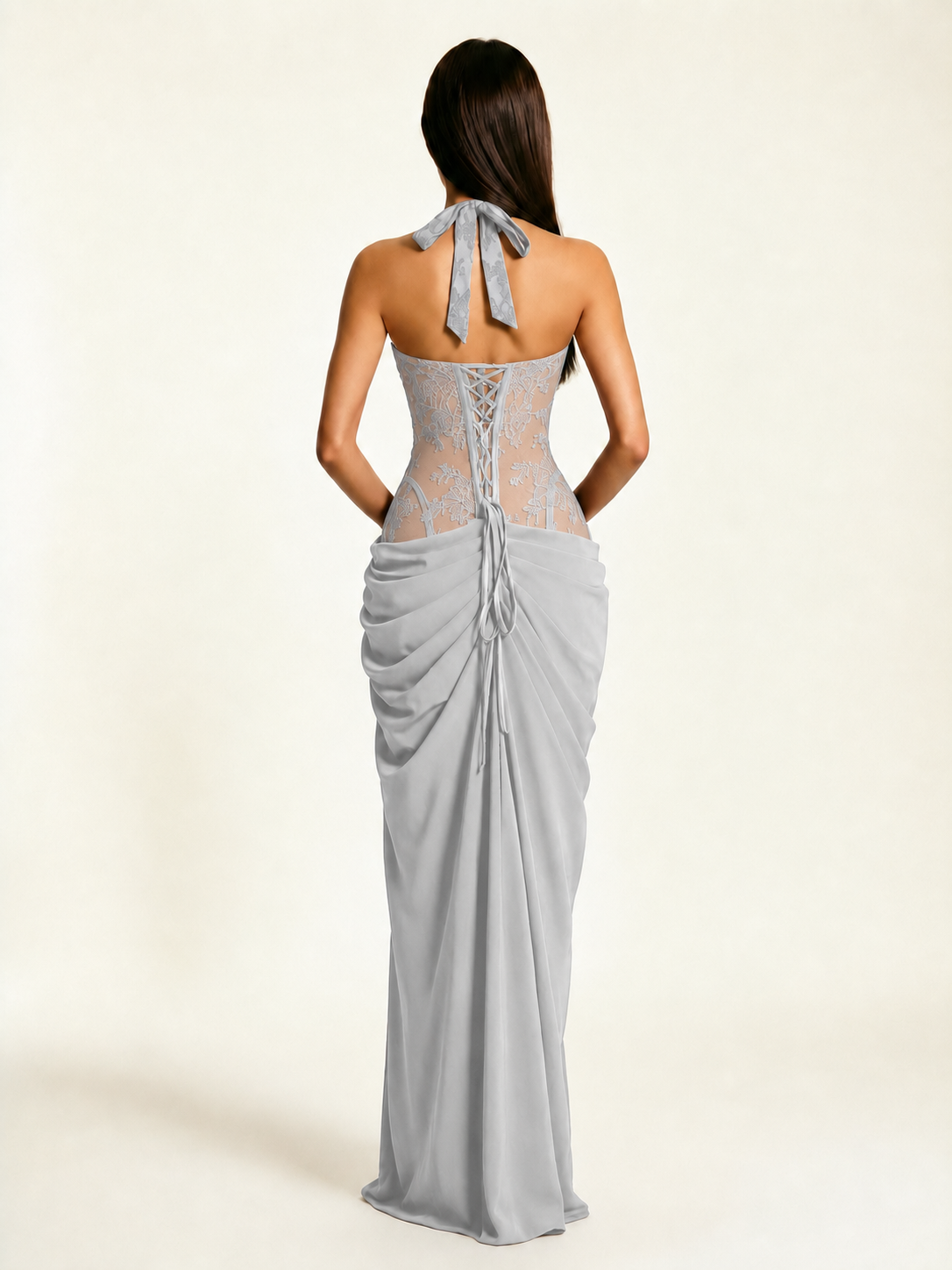 Lace Corset Halter High Slit Formal Dress