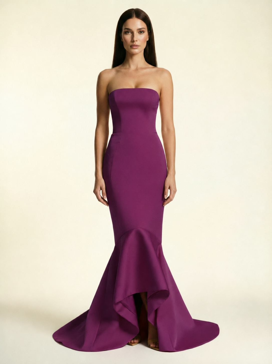 Strapless Satin Mermaid Dress With Ruffled Train & Lace-Up Back