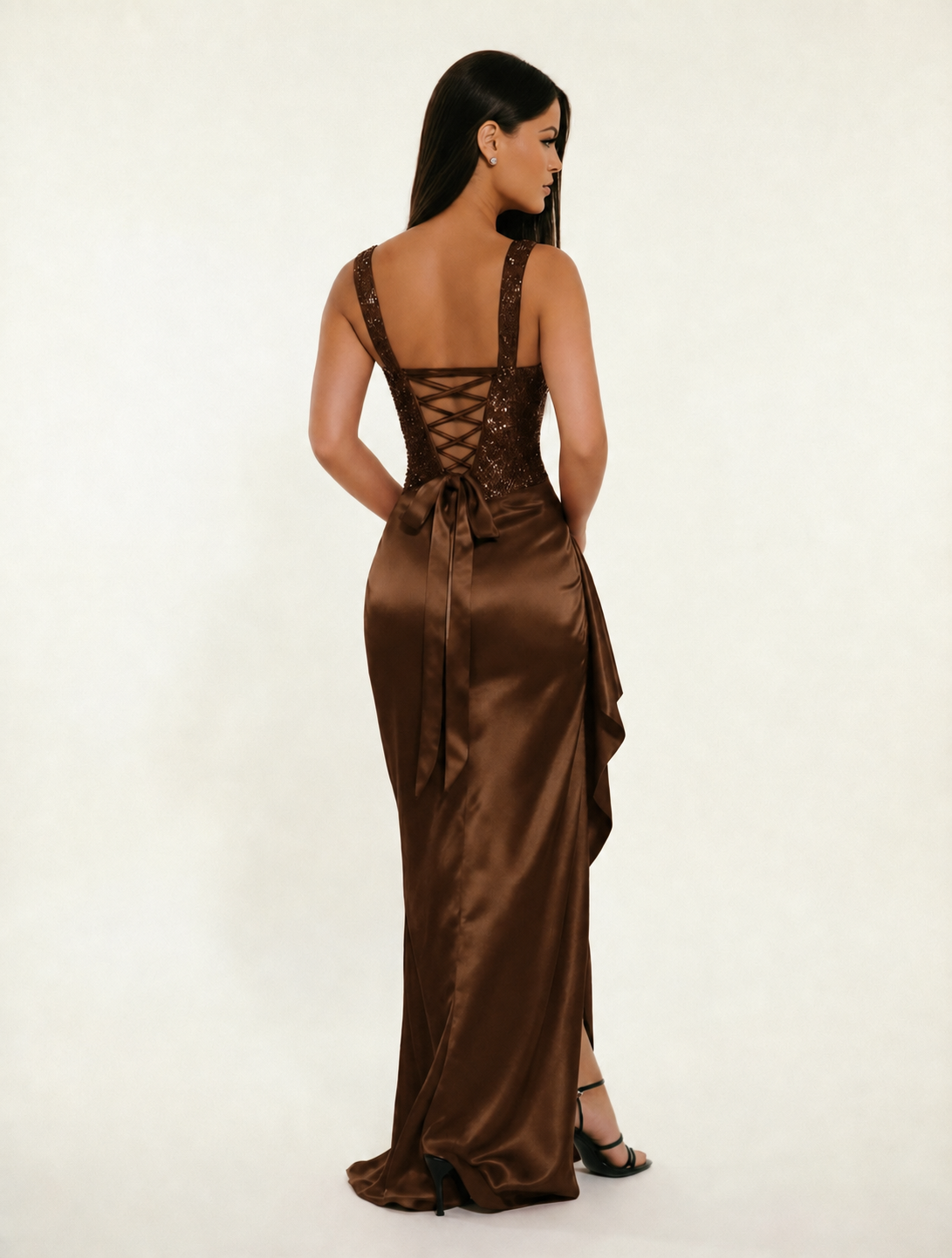 Sequin Corset Satin High Slit Formal Maxi Dress