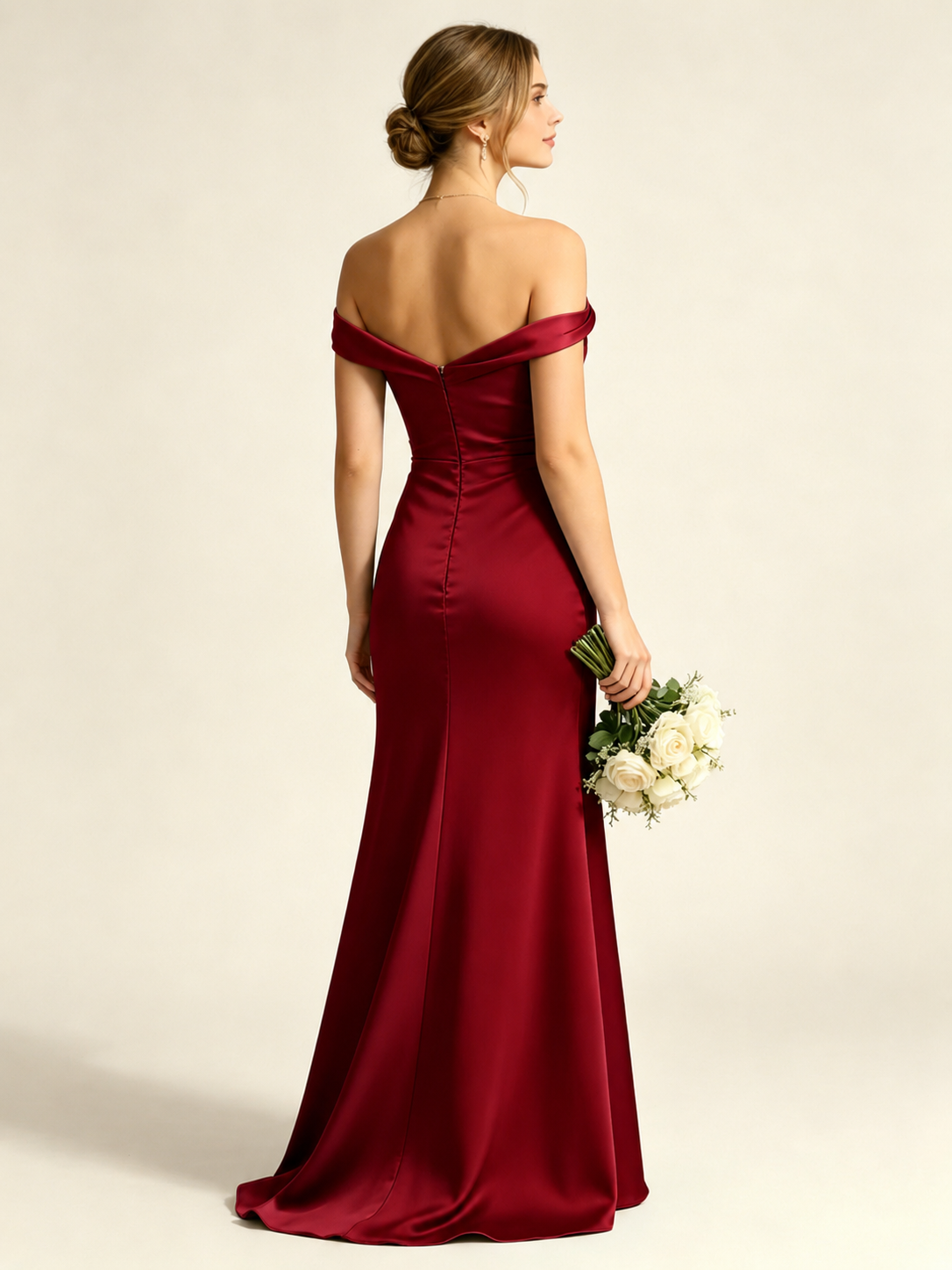 Satin Mermaid Bridesmaid Maxi Dress, Asymmetrical Off Shoulder Ruched Waist Open Back