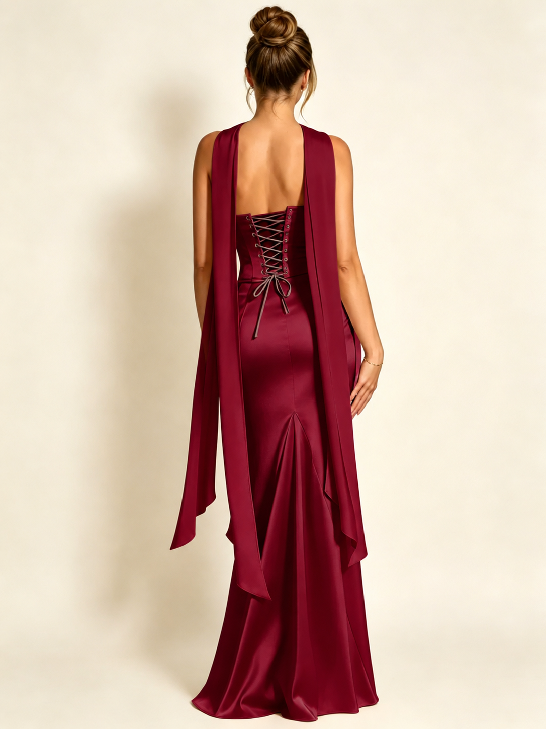 Satin Cowl Neck Mermaid Evening Dress with Corset Bodice and Draped Straps