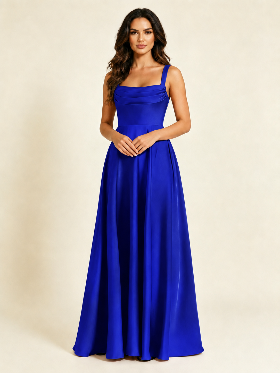 Satin Draped Cowl Square Neck A-Line Maxi Bridesmaid Dress