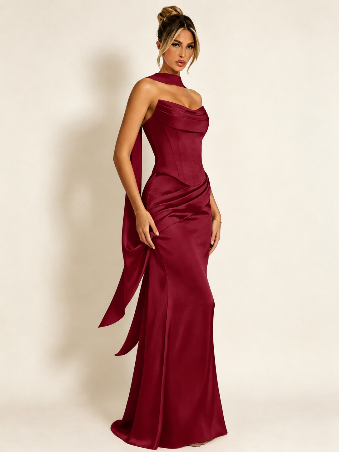 Satin Cowl Neck Mermaid Evening Dress with Corset Bodice and Draped Straps